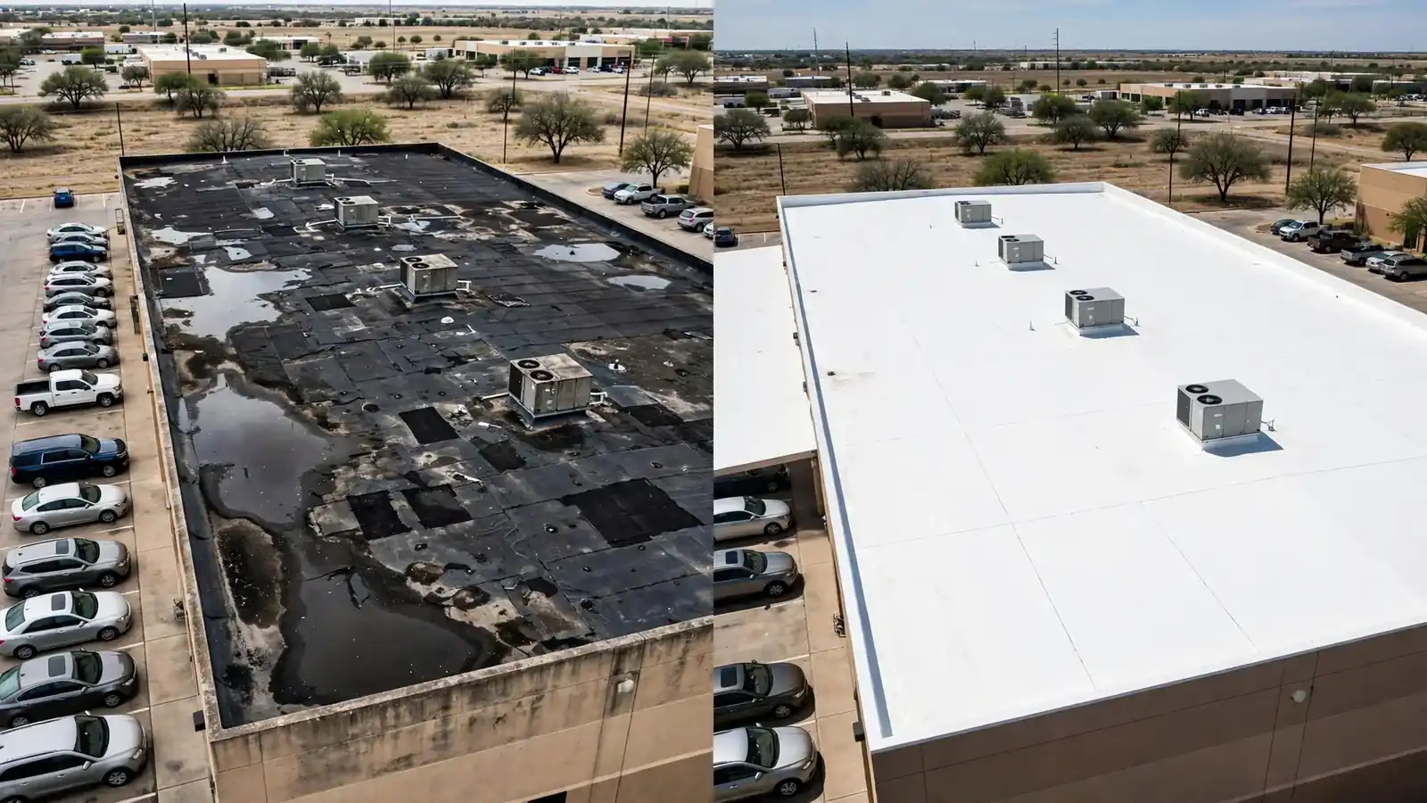 Before and after commercial flat roof replaced with white TPO in Euless, TX