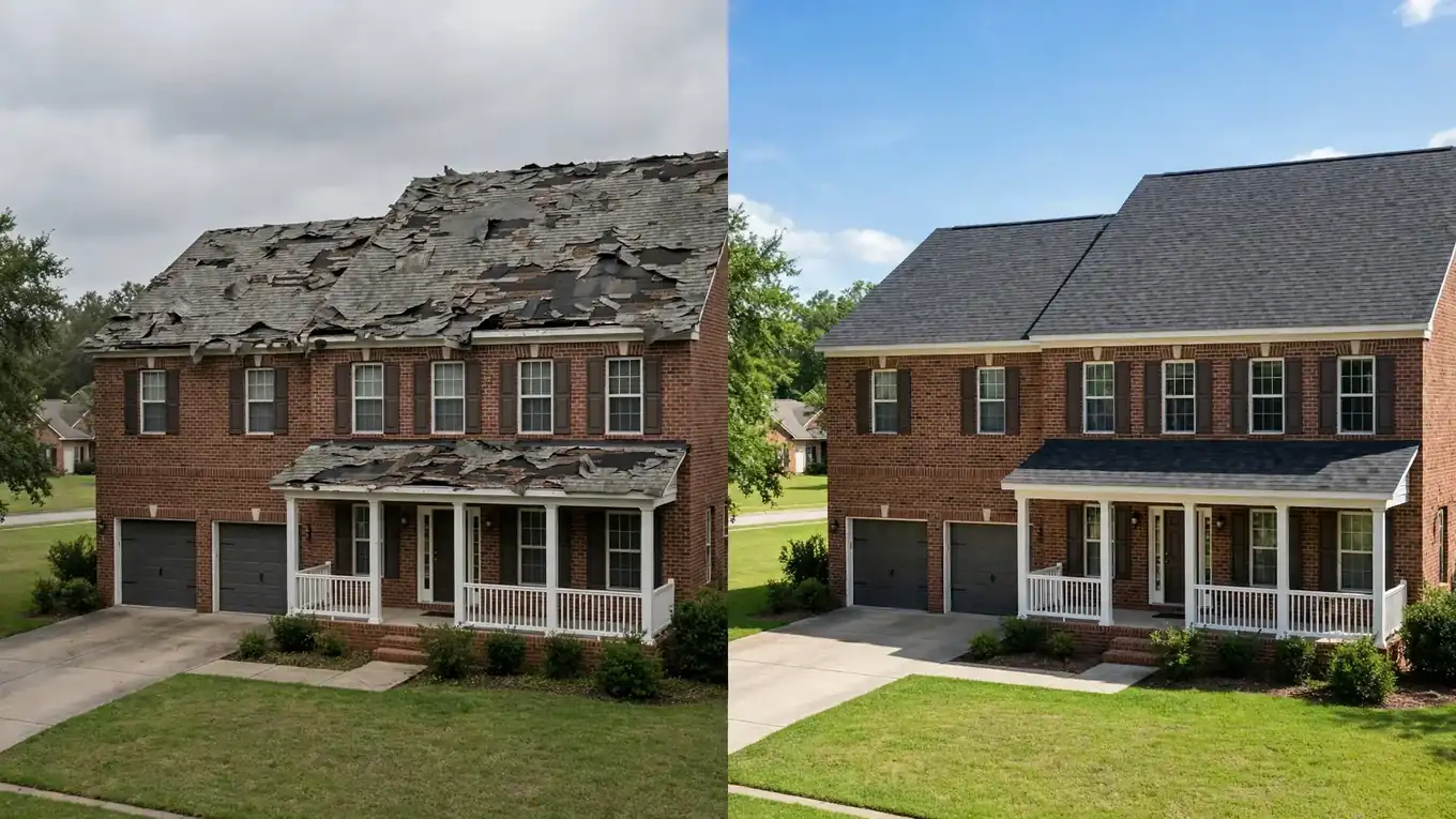 Before and after roof replacement on a two-story brick home in Dallas, Texas