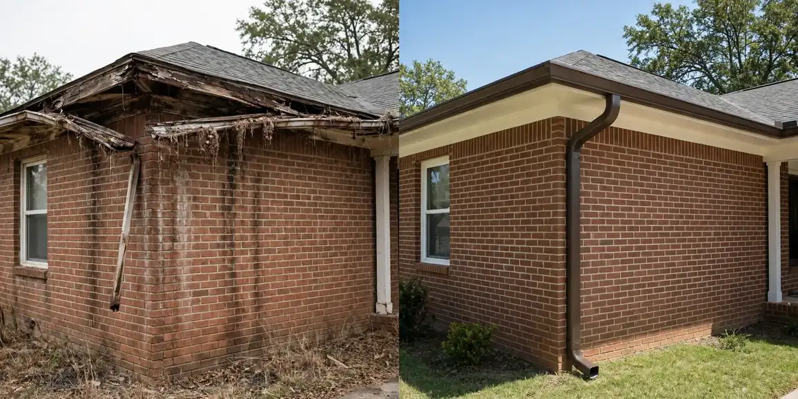 Before and after sagging gutters replaced with seamless gutters in Benbrook, TX