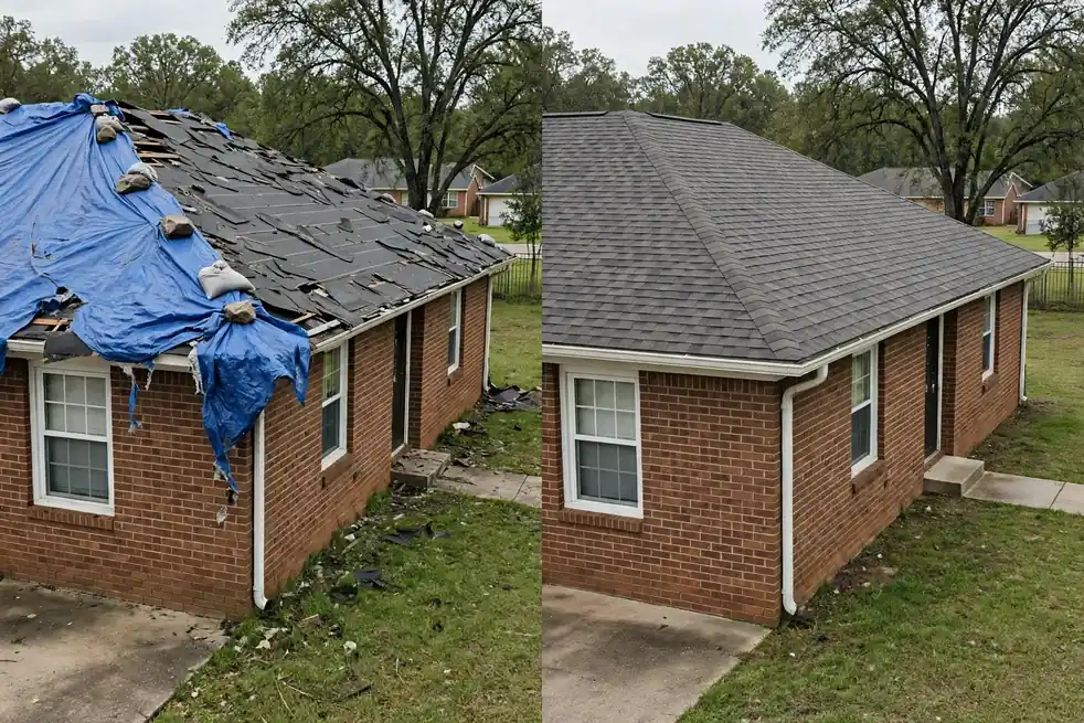 Before and after storm-damaged roof section repaired in Nevada, TX