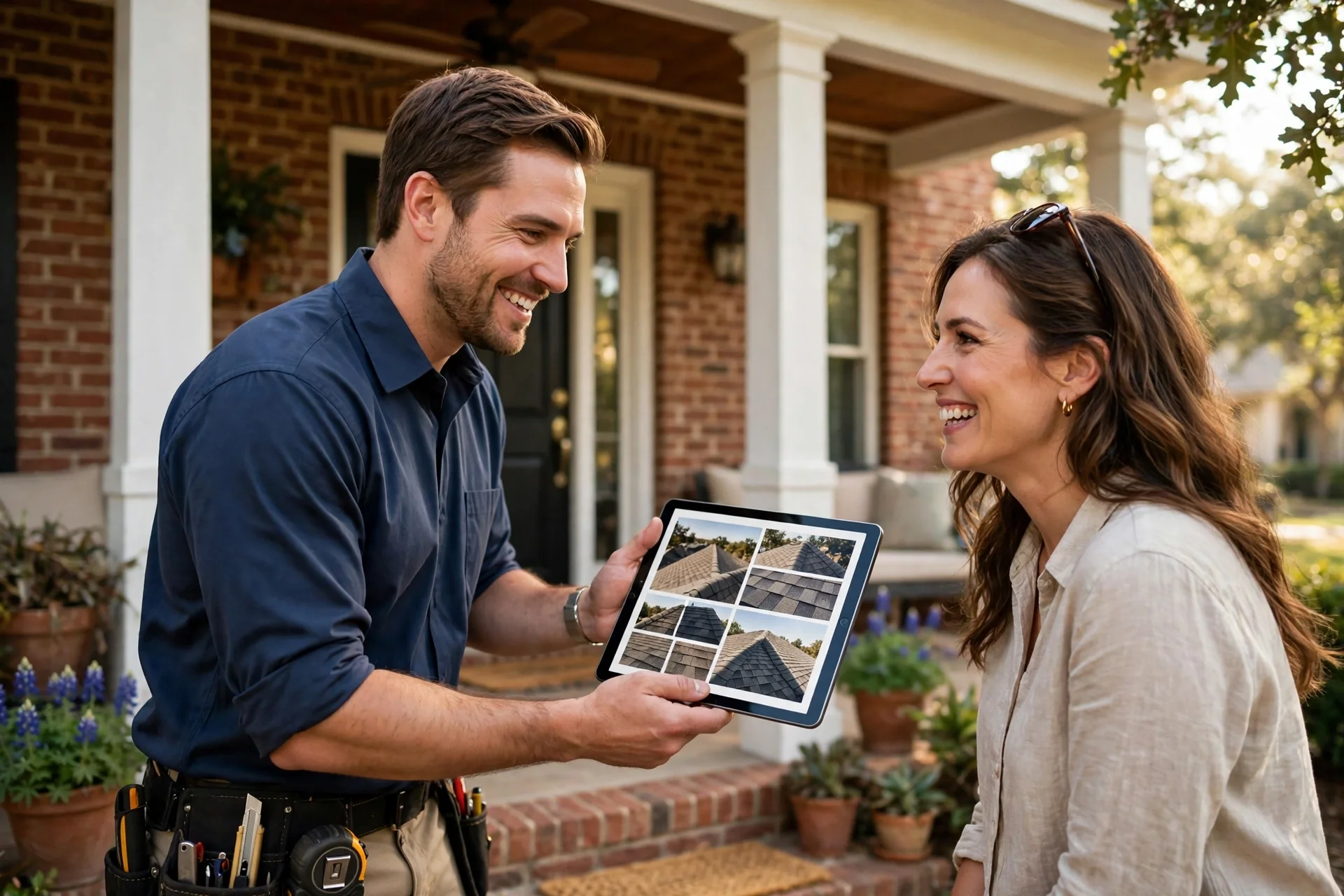 Digital roof inspection report with photos on a tablet