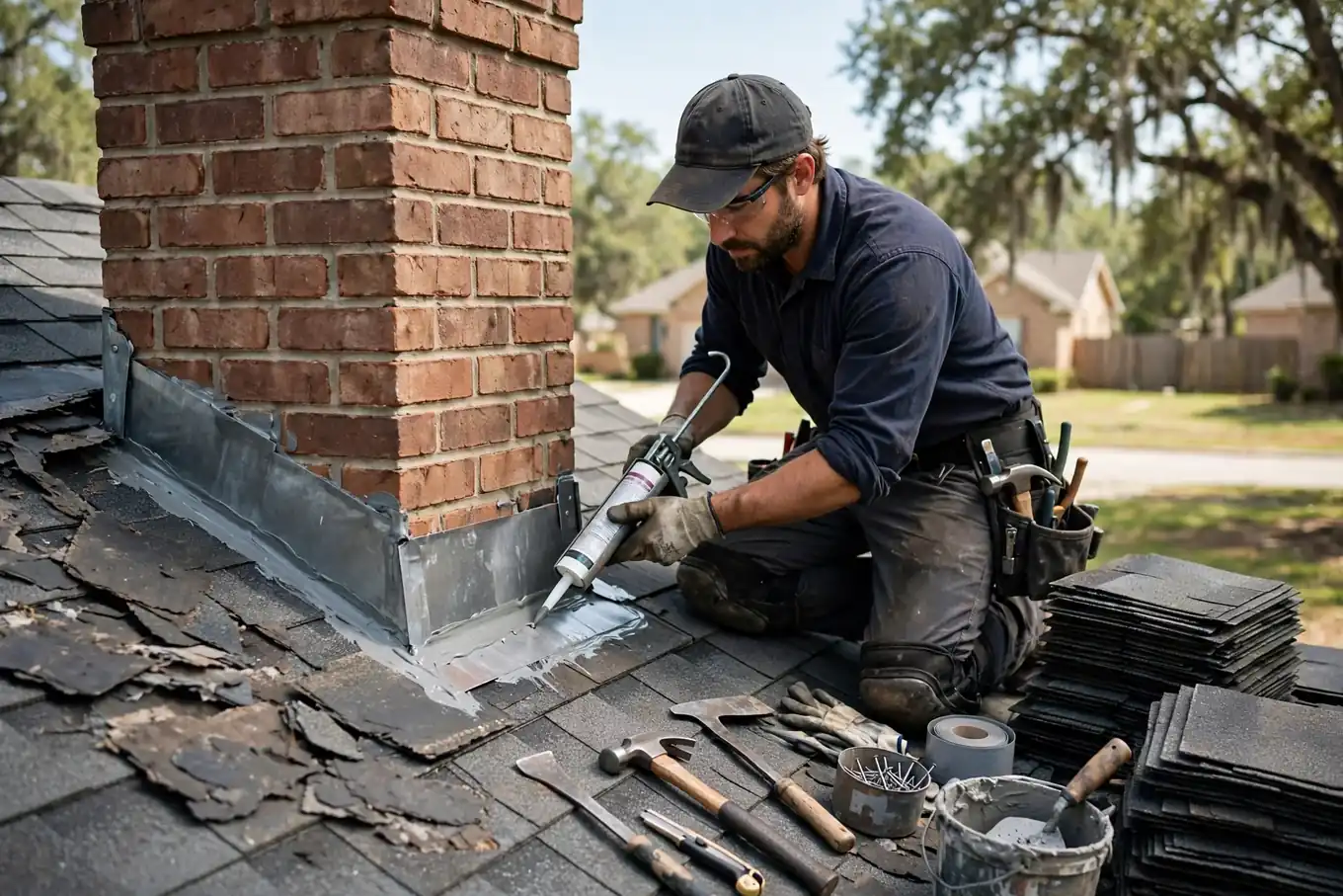 Roofer sealing chimney flashing to repair a roof leak in Texas