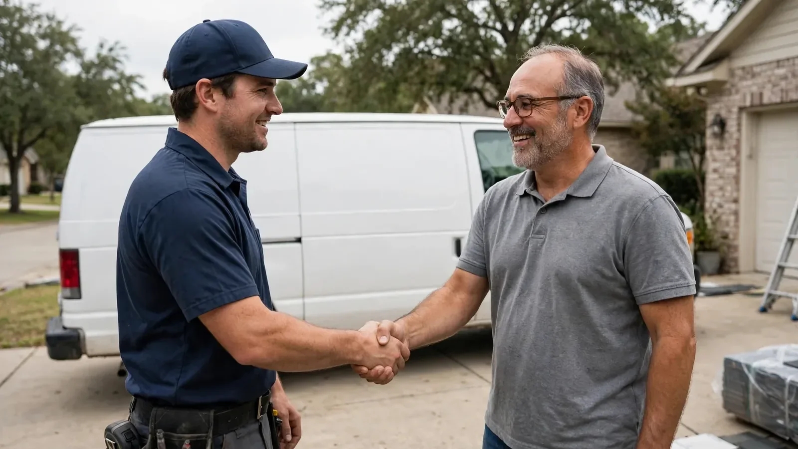 Roofer shaking hands with a homeowner in a Texas driveway
