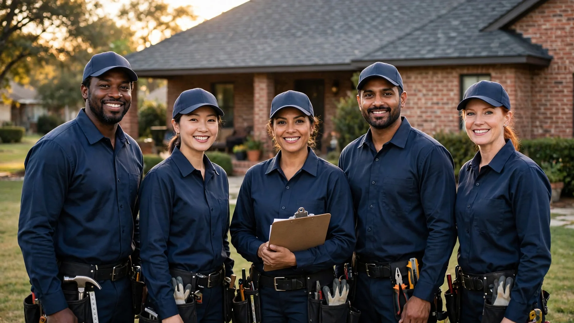 The LoneRidge Roofing crew in navy uniforms standing in front of a Texas home