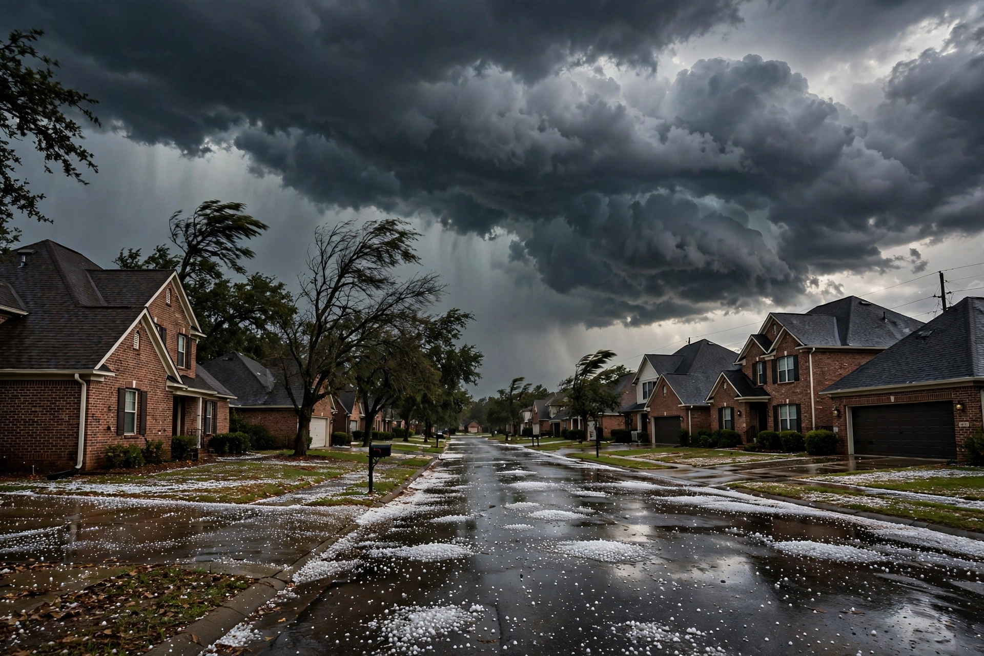 Dark Texas storm clouds gathering over a Dallas–Fort Worth neighborhood